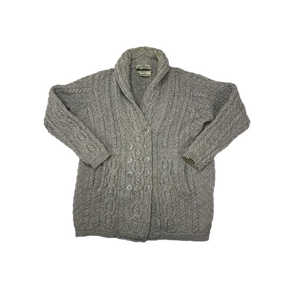 Aran Crafts Cardigan Hand Crafted Irish 100% Merino Wool Gray Knit Sz L READ* - Picture 1 of 7